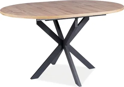 A product shot of an oval dining table with a wooden top and a black metal base, isolated on a white background.