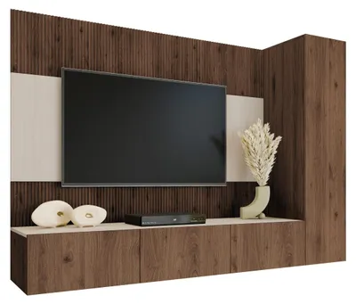 Produktbild von MIRJAN24 Wohnwand Deromi VI, Wohnzimmer Möbel Set, Griffloses Öffnungssystem push to open, 3er-Set (Farbe: Nuss Okapi / Nuss Okapi + Travertin)