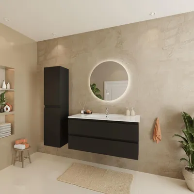 Produktbild von LOMAZOO Badmöbelset VERONA 100 cm - Mit Hochschrank - Matt Schwarz - Waschbecken Weiß