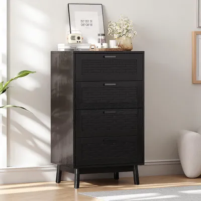 Zdjęcie produktu dla Komoda UnboxG z 4 szufladami, czarna, komoda z litego drewna, szafka do przechowywania do sypialni, salonu, przedpokoju, 55 x 39,5 x 95 cm