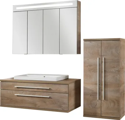 Produktbild von Fackelmann STANFORD Badmöbel Set 4-teilig, 110 cm breit, Braun, Keramik+Spiegelschrank+Midischrank