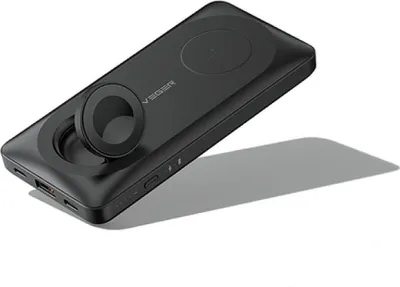 A black VEGER power bank with wireless charging capabilities is shown on a white background.