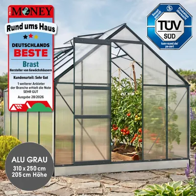 Produktbild von BRAST Gewächshaus Aluminium mit Fundament | 310x250x205cm | 6mm Hohlkammerplatten | rostfrei wetterfest temperaturbeständig | Grau