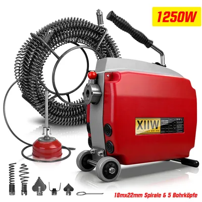 Produktbild von Elektrische Rohrreinigungsmaschine 1250W, 550 U/min, für Rohrdurchmesser Ø20-200 mm, Abflussreiniger 18mx22mm Feder, 5 Schneidköpfen, für Küche Bad