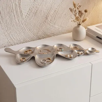Obrázek produktu pro Dekorativní mísa FineBuy, stříbrná, kovová, 60,5 cm, moderní dekorace na stůl, kovová mísa z hliníku, tvar listu, elegantní hliníková mísa, dekorativní nádoba z hliníku, ručně vyrobená