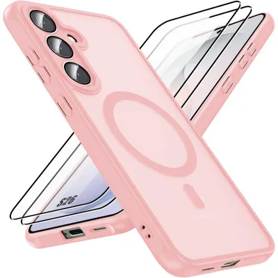 Image de Coque + 2 Verres Trempés pour Samsung Galaxy S26, Protection avec Cercle Magnétique et Vitre Caméra - Rose