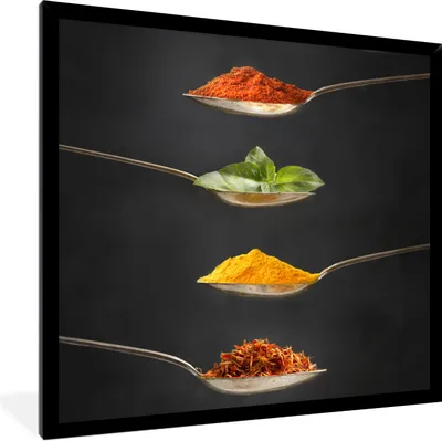 Produktbild von MuchoWow® Gerahmtes Poster Kräuter - Löffel - Gewürze - Schwarz - Italienisch 40x40 cm - Poster mit Schwarzem Bilderrahmen Wandposter Rahmen Foto Bilder - Mit Rahmen - Wanddekoration Schlafzimmer