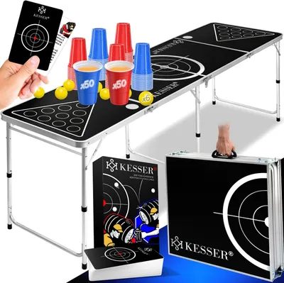 Produktbild von KESSER® Beer Pong Tisch Set mit Kartenspiel Trinkspiel - inkl. 100 Becher (50 Rot & 50 Blau), 6 Bälle + Regelwerk Partyspiele Table Höhenverstellbar Klappbarer
