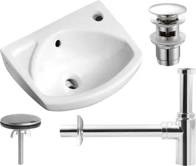 Zdjęcie produktu dla ZESTAW 4 w 1: Mała ceramiczna umywalka wisząca 35 x 28 cm, biała – syfon – korek – korek zaślepiający do otworu