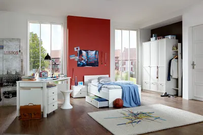 Produktbild von Jugendzimmer komplett Set mit 90x200cm Bettgestell in weiß FABRIZIO-43, 8-teilig