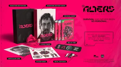 A collection of items from the Alters Signature Edition for Xbox Series X, displayed on a bright pink background.
