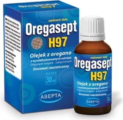 A product shot of a box and bottle of Asepta Oregasept H97 Oregano Oil.