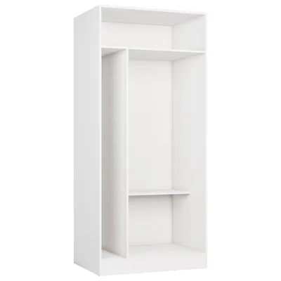 An empty white wardrobe with shelves.