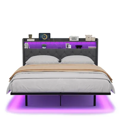 Produktbild von BEALIFE Polsterbett 160x200 cm mit Kopfteil, Ablage & LED-Lichtleiste | Metallgestell, Dunkelgrau/Beige | AF21