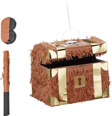 Image de Relaxdays Pinata coffre au trésor, avec bâton et masque, pinata pour enfants, anniversaire, à remplir, H x L x P : 27 x 30 x 23 cm, marron