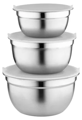 Productafbeelding van Mengkom schalenset - 3-delig - Met deksel - Roestvrij staal - 14, 16, 18 cm - Zilver