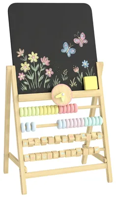 Produktbild von Kinderstaffelei - Holzstaffelei - Doppelseitige Kreidetafel - Uhr - Abakus - Schwamm - 38 x 26 x 66 cm - Walnussfarbe