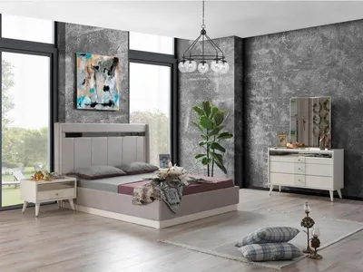 Image de Ensemble chambre à coucher blanc Designer Haute qualité Lit Commode 2x Tables de nuit
