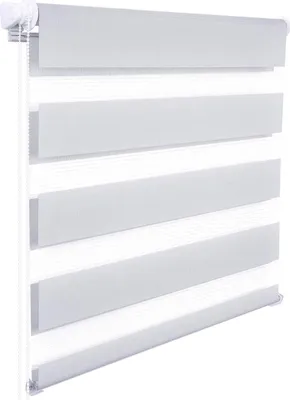 A close-up view of a gray and white striped roller blind.