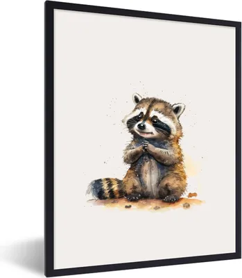 Produktbild von MuchoWow® Gerahmtes Poster Waschbär - Wasserfarben - Tiere - Kinder 60x80 cm - Poster mit Schwarzem Bilderrahmen Wandposter Rahmen Foto Bilder - Premium - Wanddeko Wohnzimmer