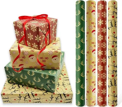Obrázok produktu pre Vianočný darčekový baliaci papier kraft 43 cm x 3 m 4 rolky slávnostné balenie