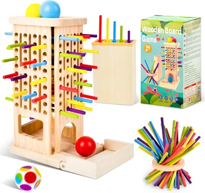 Produktbild von 3-IN-1 Montessori Spielzeug ab 3 Jahre, Montessori Spiel Brettspiel aus Holz, 40 Stück Bunte Holzstäbchen Feinmotorik Spiele, Lernspielzeug Kinder