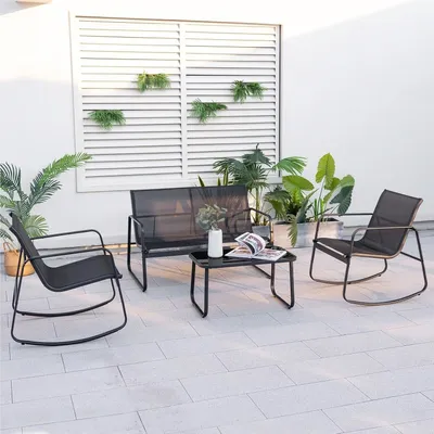 Immagine prodotto di Set di mobili da giardino - Set da pranzo - Set lounge - Set per balcone - Arredamento per terrazza - Set da 4 pezzi, colore nero, con poltrone a dondolo
