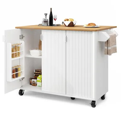 Produktbild von Kücheninsel,Speisewagen(weiß)mit Holzmaserung,Buffet,Ausziehbarer Küchenwagen auf Rädern mit Handtuchhalter,Gewürzregal,Trennwände verstellbar