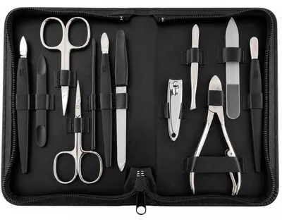 Produktbild von Maniküre Set 12-teilig mit Solingen Instrumenten, Echtleder-Etui Germany, Nagelset für Damen und Herren, Hand- und Fußpflege Schwarz