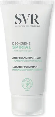 A white tube of SVR Spirial Deo-Creme with text and a logo.