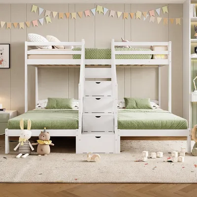 A white bunk bed with green bedding and stuffed animals in a child's room.