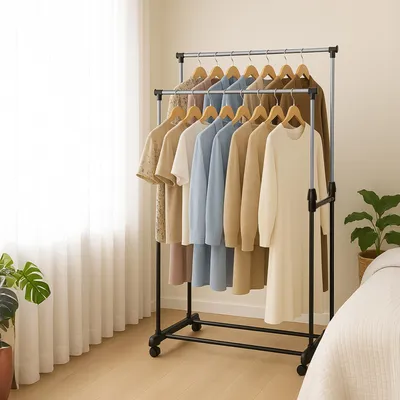 Produktbild von Grafner Kleiderständer auf Rollen, doppelt mit 2 Kleiderstangen und Schuhablage, höhenverstellbar 95- 155 cm, stabil und belastbar, mobiler Garderobenständer ausziehbar Kleiderwagen mit Rädern Schrank
