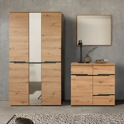 Produktbild von Garderoben Set modern in Artisan Eiche Nb. mit Graphit MANRESA-36 Garderobenschrank, Spiegel, Kommode
