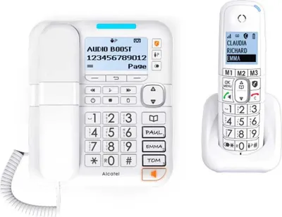 A white Alcatel cordless phone set with a base and a handset, displayed on a white background.