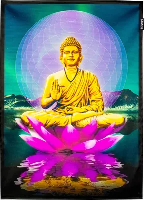 Produktbild von PSYWORK Schwarzlicht Stoffposter Neon "Sacred Lotus Buddha", 50x70cm