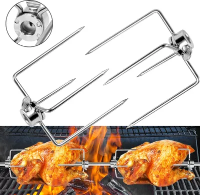 Image de ACXIN Pince à viande Aiguilles à viande Acier inoxydable Pince à barbecue Fourchette à brochettes Broche tournante avec moteur Acier inoxydable Set de brochettes pour barbecue (2 pièces)