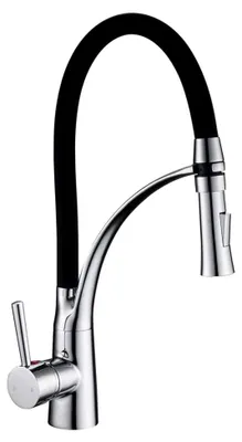 Produktbild von Küchenarmatur mit 360° drehbarem Wasserhahn und herausziehbarer Dual-Spülbrause, schwarzer Silikonschlauch, Einhebel-Mischbatterie für Spültische, verchromtes Messing