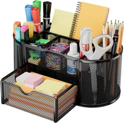 Image de Organiseur de bureau en métal - 4 compartiments, pour stylos, trombones et documents