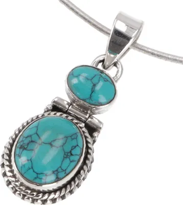 Produktbild von Indischer Boho Silber Anhänger, Kettenanhänger mit 2 Steinen - Türkis, Türkis, SterlingSilber, 3*1,2 cm, Anhänger & Amulette aus Silber