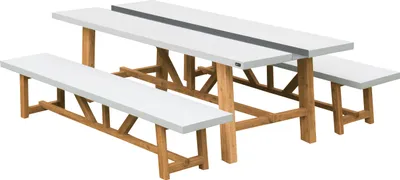 Produktbild von AXI Aaron Gartenset mit 2 Bänken in Weiß / Braun für 6 bis 8 Personen | Picknicktisch / Picknickbank im Kalkstein-Look mit Akazienholz | Esstisch für