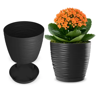 Produktbild von KADAX Blumentopf mit Untersetzer "Temara", Blumenkübel, Pflanztopf aus Kunststoff, Übertopf, rund, 15 cm, Anthrazit