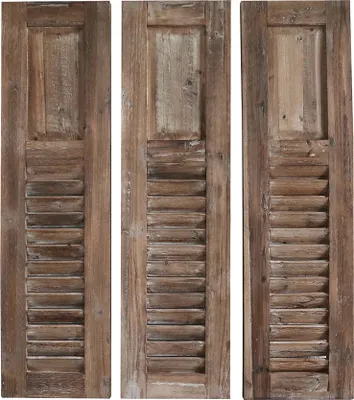 Three wooden shutters displayed vertically against a white background.