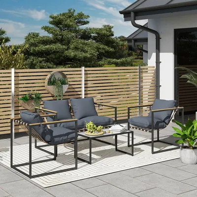 Produktbild von 4-teiliges Gartenset mit 2er Sofa, 2 Sesseln und Tisch, Stahl, 114x70x67 cm, Grau