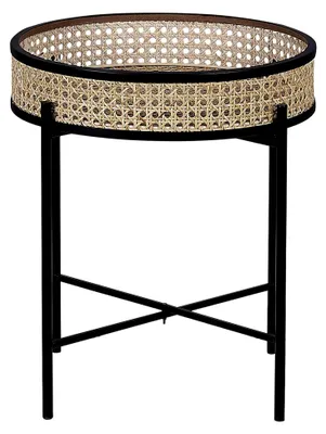 Produktbild von Beistelltisch Rattan beige natürlich Metallgestell schwarz rund 36 cm Boho