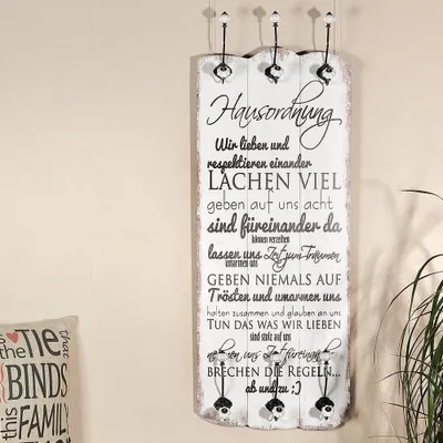 Obrázek produktu pro Nástěnný věšák 100x40cm pravidla domu 6 háčků na kabáty chodba panel dřevo dekorace vchod