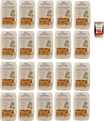 Produktbild von Rummo Ceci di Toscana e Riso Integrale Penne Rigate N° 66 senza glutine, Pasta gluten free, glutenfrei, Kichererbsen der Toskana und voller Reis 20x 500g + Italian Gourmet polpa 400g