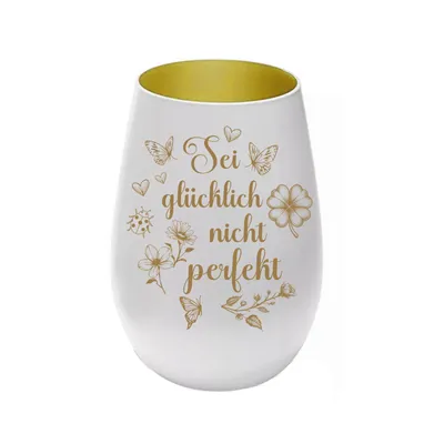 Produktbild von Stölzle Lausitz Windlicht weiß gold aus Glas mit Lasergravur „Sei glücklich nicht perfekt“, persönliches Geschenk für Freunde, Familie und Partner