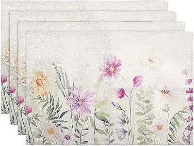 Produktbild von Platzsets 4er Set, Baumwollstoff Blumen Schmetterling Sommer Platzsets Urlaub Dekorative Tischsets Waschbar Platzdeckchen Küche Esszimmer Camping Party Deko 30x45cm