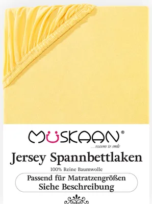 A yellow fitted sheet with elastic edging is shown from a top-down perspective, with text below describing the product.