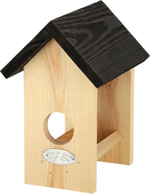 Produktbild von Vogelfutterhaus für Erdnussbutterglas – Fichtenholz, braunes Dach, 21 cm hoch